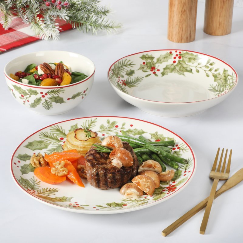 12 Piece Festive Berries Decorated Porcelain Dinnerware Set