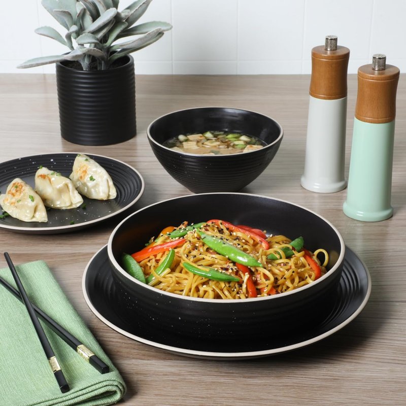 Dinah 16 Piece Double Bowl Stoneware Embossed Speckled Dinnerware Set – Matte Black, White, or Sage Green