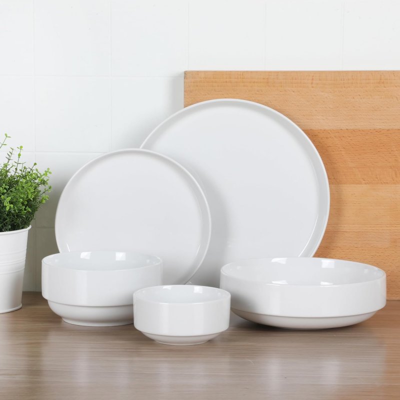 Rothernberg Stackable 40 Piece, Service for 8, White Porcelain Plates and Bowls Set
