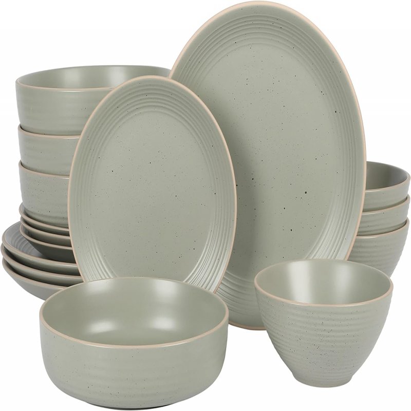 Dinah 16 Piece Double Bowl Stoneware Embossed Speckled Dinnerware Set – Matte Black, White, or Sage Green