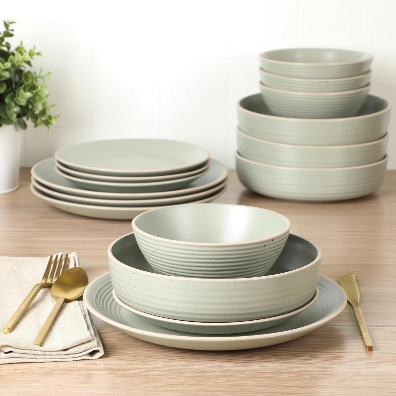 Dinah 16 Piece Double Bowl Stoneware Embossed Speckled Dinnerware Set – Matte Black, White, or Sage Green