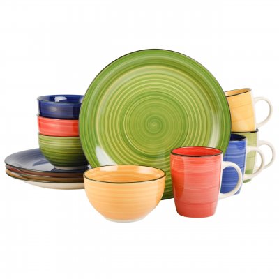 Color Vibes 12-Piece Hand-Painted Stoneware Dinnerware Set