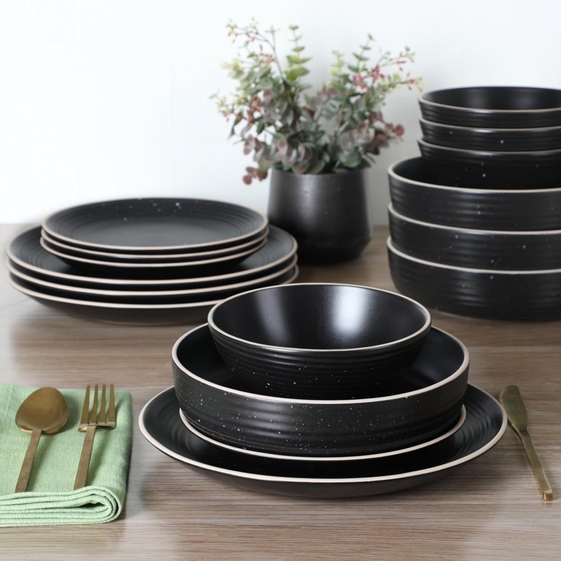 Dinah 16 Piece Double Bowl Stoneware Embossed Speckled Dinnerware Set – Matte Black, White, or Sage Green