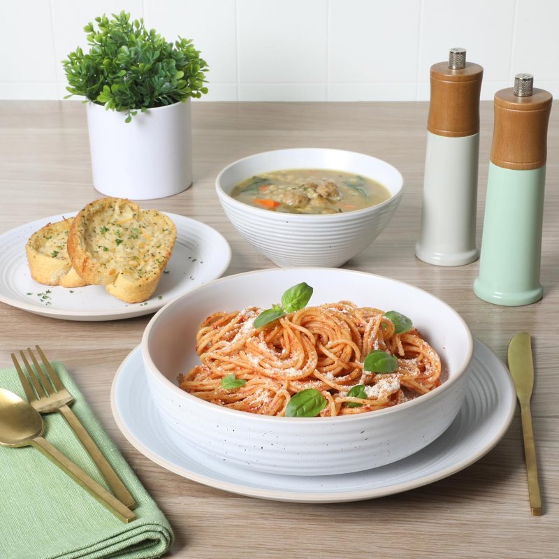 Dinah 16 Piece Double Bowl Stoneware Embossed Speckled Dinnerware Set – Matte Black, White, or Sage Green