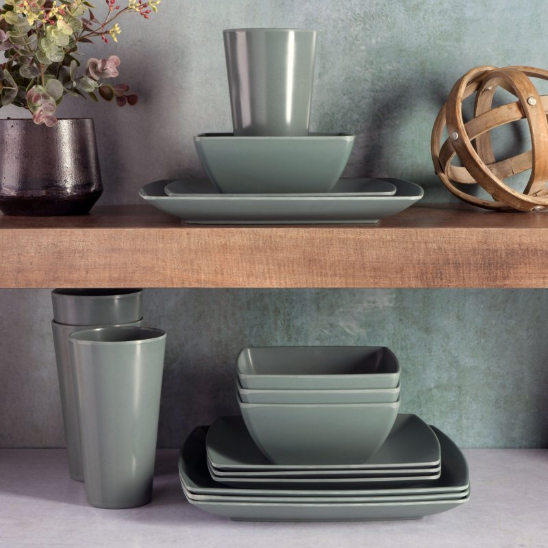Soho Grayson Square 16-Piece Melamine Dinnerware Set – Green