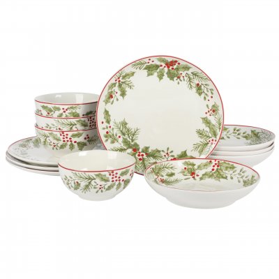 12 Piece Festive Berries Decorated Porcelain Dinnerware Set