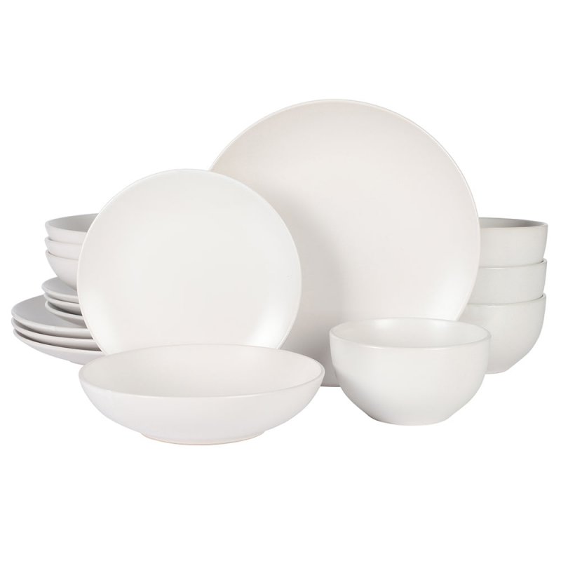 Queenslane 16 Piece Plates and Bowls Dishes Stoneware Ceramic Dinnerware Sets – Matte White