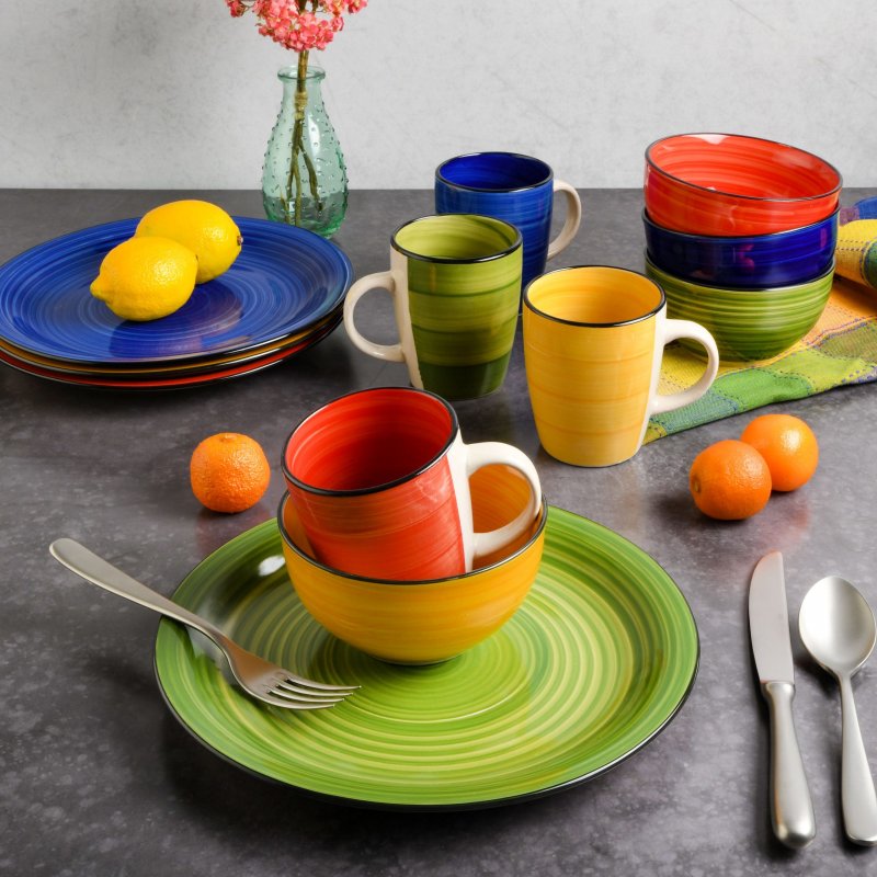 Color Vibes 12-Piece Hand-Painted Stoneware Dinnerware Set