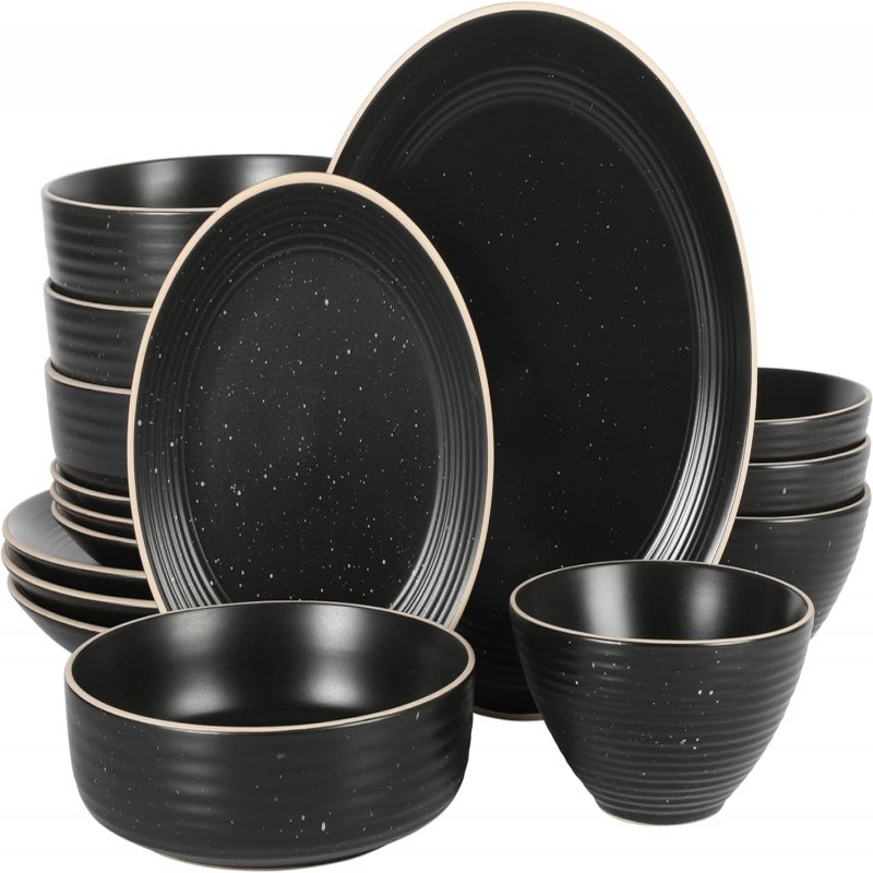 Dinah 16 Piece Double Bowl Stoneware Embossed Speckled Dinnerware Set – Matte Black, White, or Sage Green