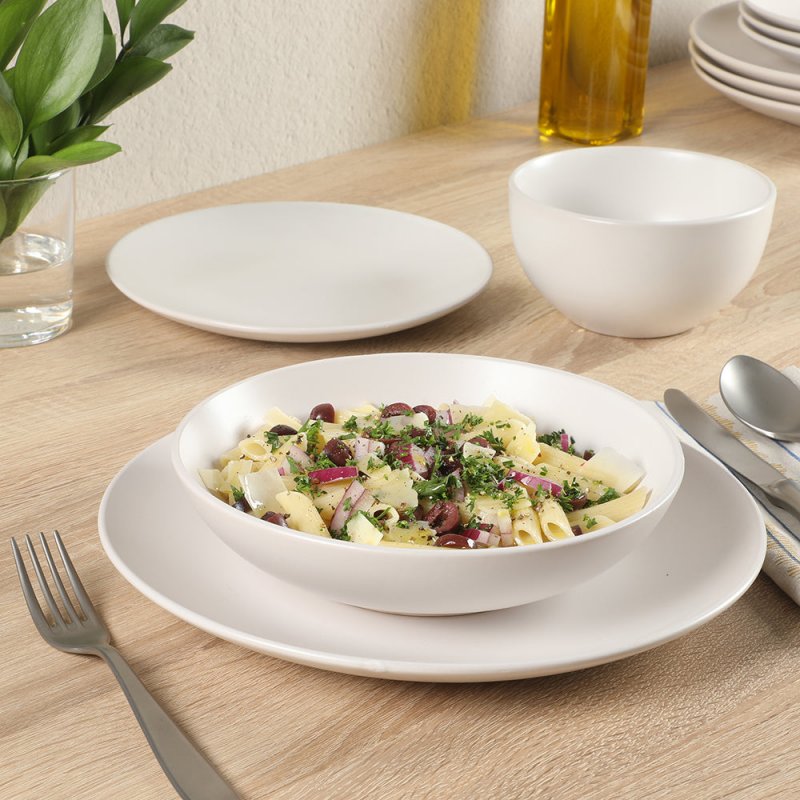 Queenslane 16 Piece Plates and Bowls Dishes Stoneware Ceramic Dinnerware Sets – Matte White