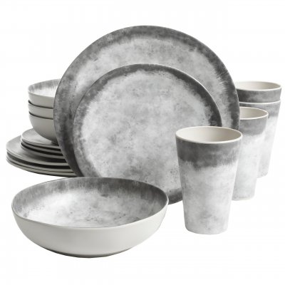 Granite Organic Round Melamine Dinnerware Set, Service for Four (16pcs), Marble