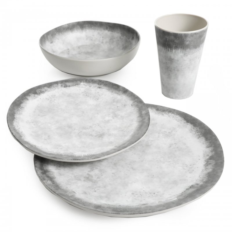 Granite Organic Round Melamine Dinnerware Set, Service for Four (16pcs), Marble
