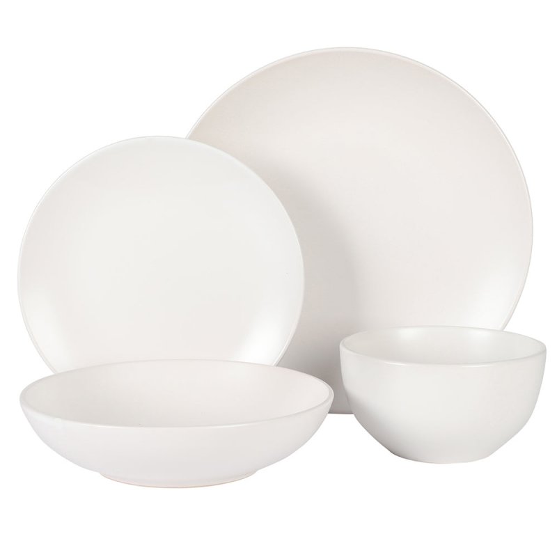 Queenslane 16 Piece Plates and Bowls Dishes Stoneware Ceramic Dinnerware Sets – Matte White
