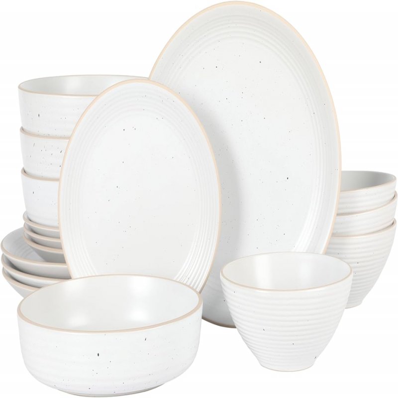 Dinah 16 Piece Double Bowl Stoneware Embossed Speckled Dinnerware Set – Matte Black, White, or Sage Green