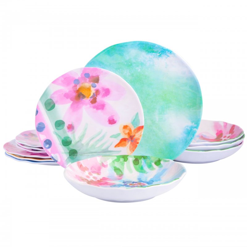Cinnamon Twist 12-Piece Decorated Assorted Color Melamine Dinnerware