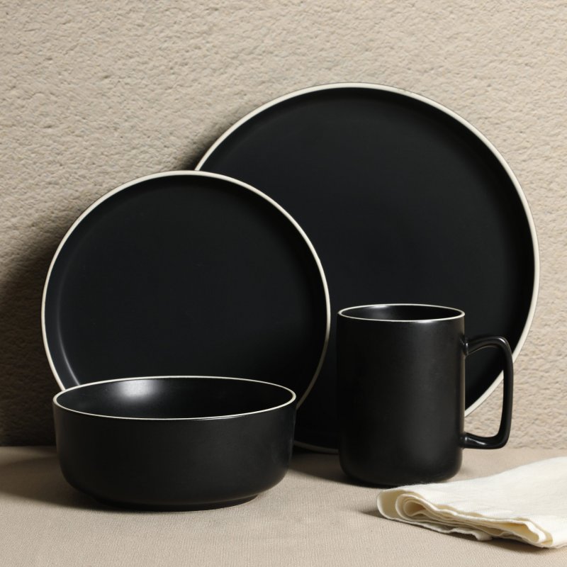 Zuma Nuevo 32 Piece Plates, Bowls, and Mug (Service for 8) Dinnerware Set – Black
