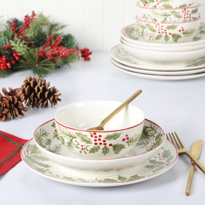 12 Piece Festive Berries Decorated Porcelain Dinnerware Set