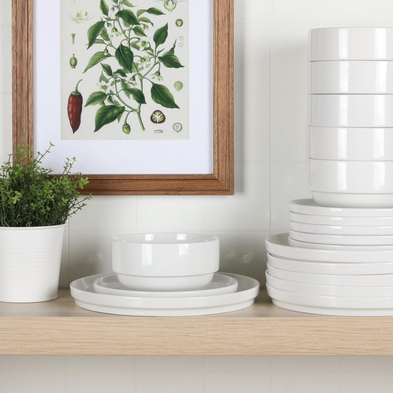 Rothernberg Stackable 18 Piece, Service for 6, White Porcelain Plates and Bowls Set