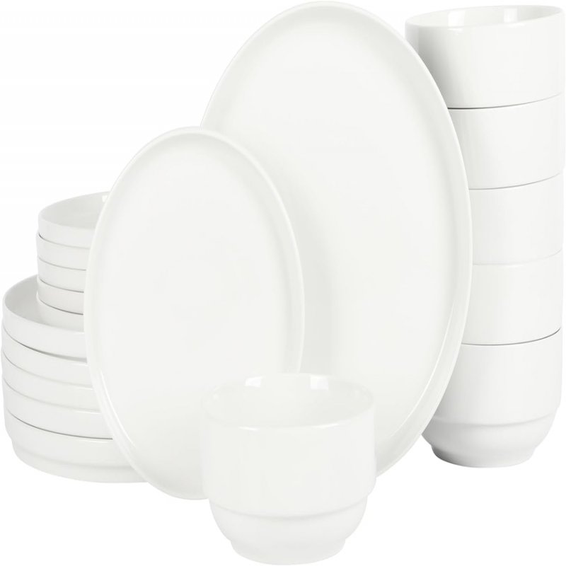Rothernberg Stackable 18 Piece, Service for 6, White Porcelain Plates and Bowls Set