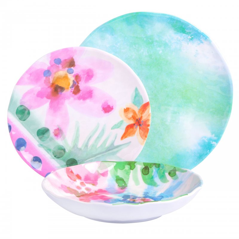 Cinnamon Twist 12-Piece Decorated Assorted Color Melamine Dinnerware